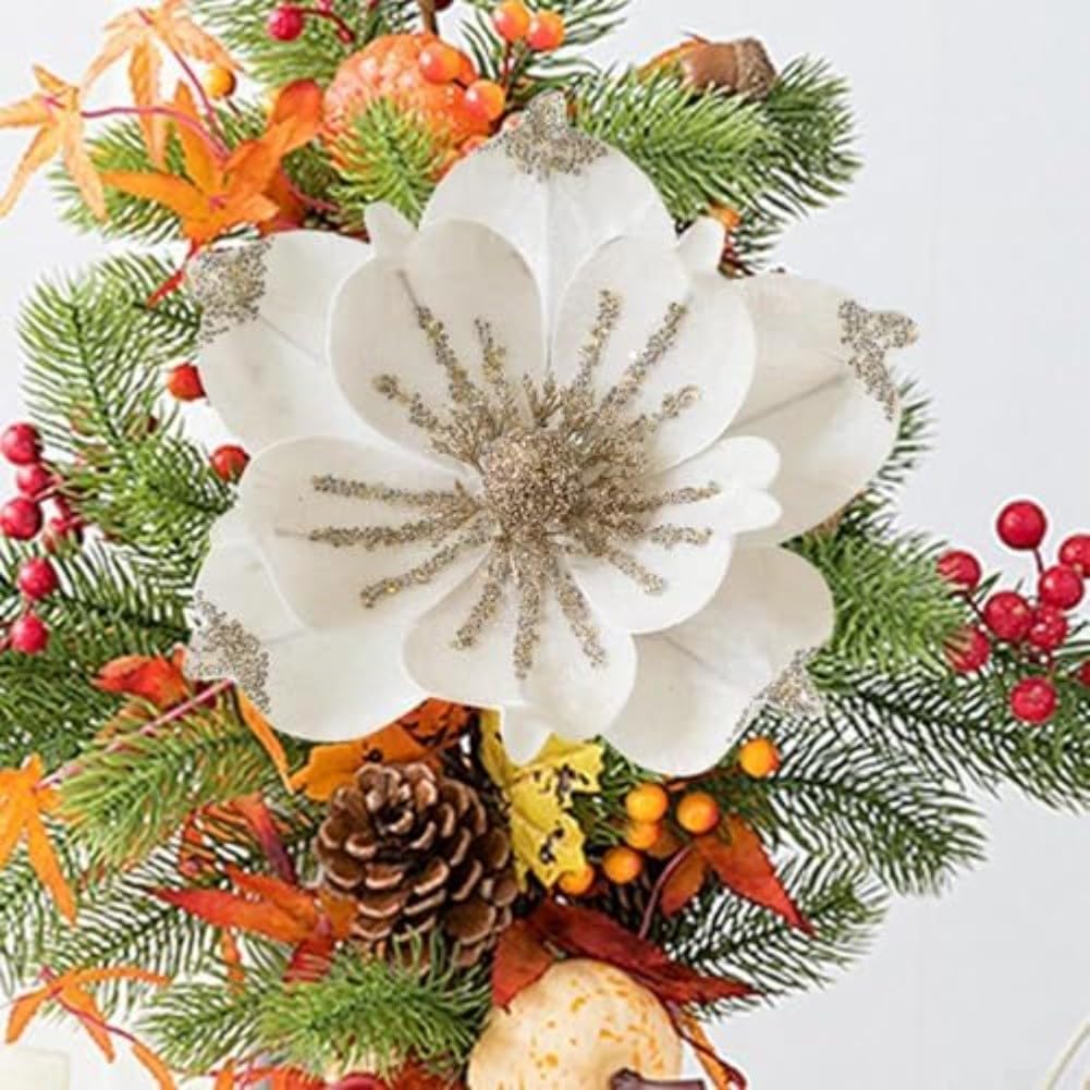 Christmas Tree Magnolia Picks with Artificial Magnolia Flowers, Fabric Ornaments to Create Festive Holiday Decor (Red)