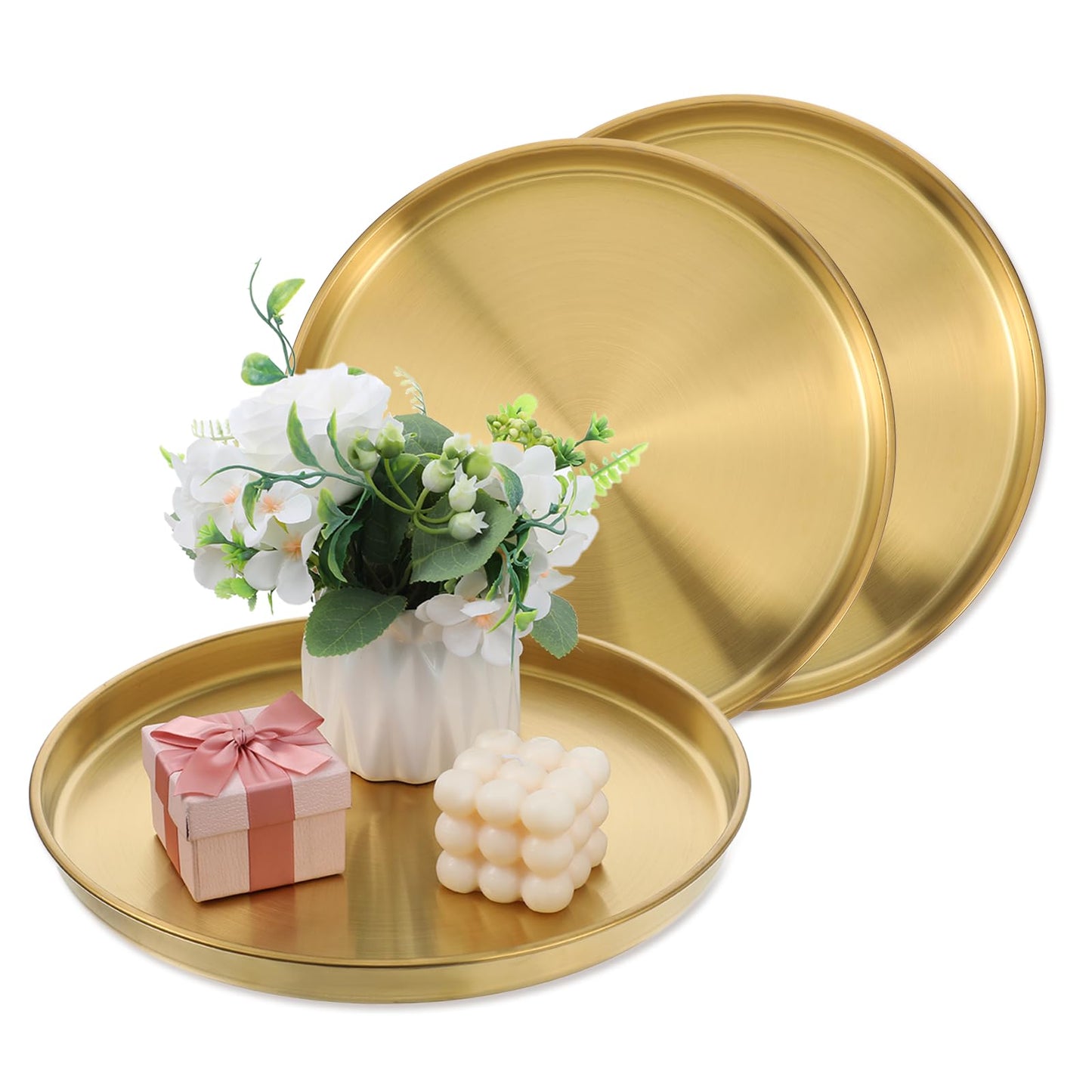 3 Pcs 12 Inch Gold Round Serving Tray, Stainless Steel Decorative Plate for Jewelry Makeup Organizer, Vanity Bathroom Coffee Table Dessert Display