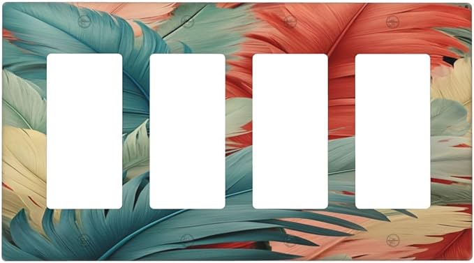 Colorful Feathers Blue Red Light Switch Cover 4 Gang Rocker Decora Outlet Covers Wall Plate Decorative Switchplate Electrical Faceplate GFCI for Farmhouse Living Bedroom Decor