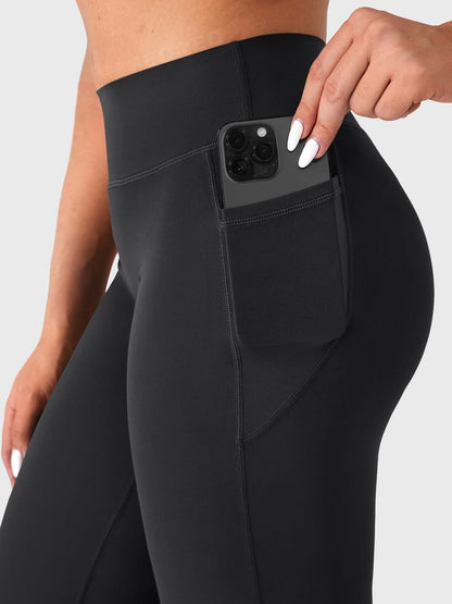 YEOREO Ease Workout Leggings with Pockets for Women No Front Seam Straight Leggings High Waist Wide Leg Yoga Pants 31.5" Black S