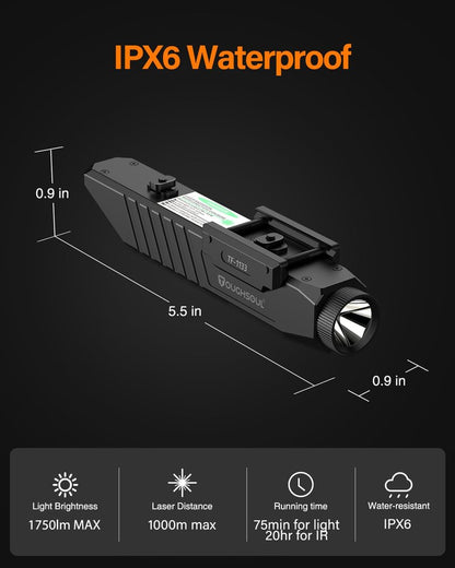 TOUGHSOUL Tactical Flashlight Green Laser Sight Combo, 1750 Lumen Picatinny Rail MLOK Mounted Rechargeable Rifle Flashlight (Green Laser)