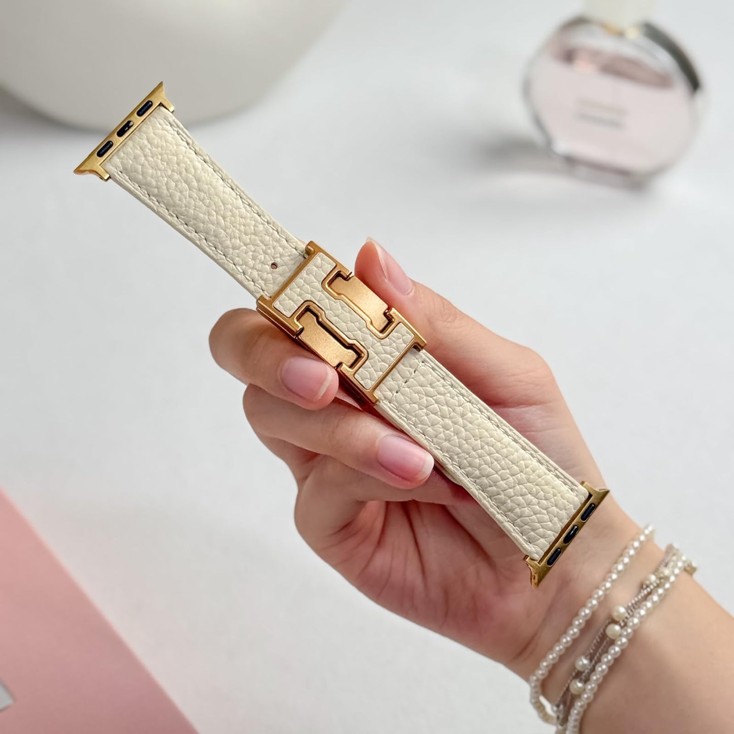 Leather Band Compatible with Apple Watch BandUltra 2 1 Series 10/9/8/7/6/5/4/SE,H-Shaped Buckle strap for iWatch 38/40/41/42/44/45/46/49mm Women Men (White Band + Gold H Buckle, 38mm 40mm 41mm 42mm)