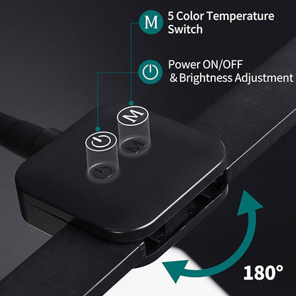 LED Desk Lamp with Two Heads, Clamp On Desk Lamps, 12W, 2000 LMS, CRI>90, 5 Color Modes (2700K-6500K), Various Brightness Levels, Adapter Included