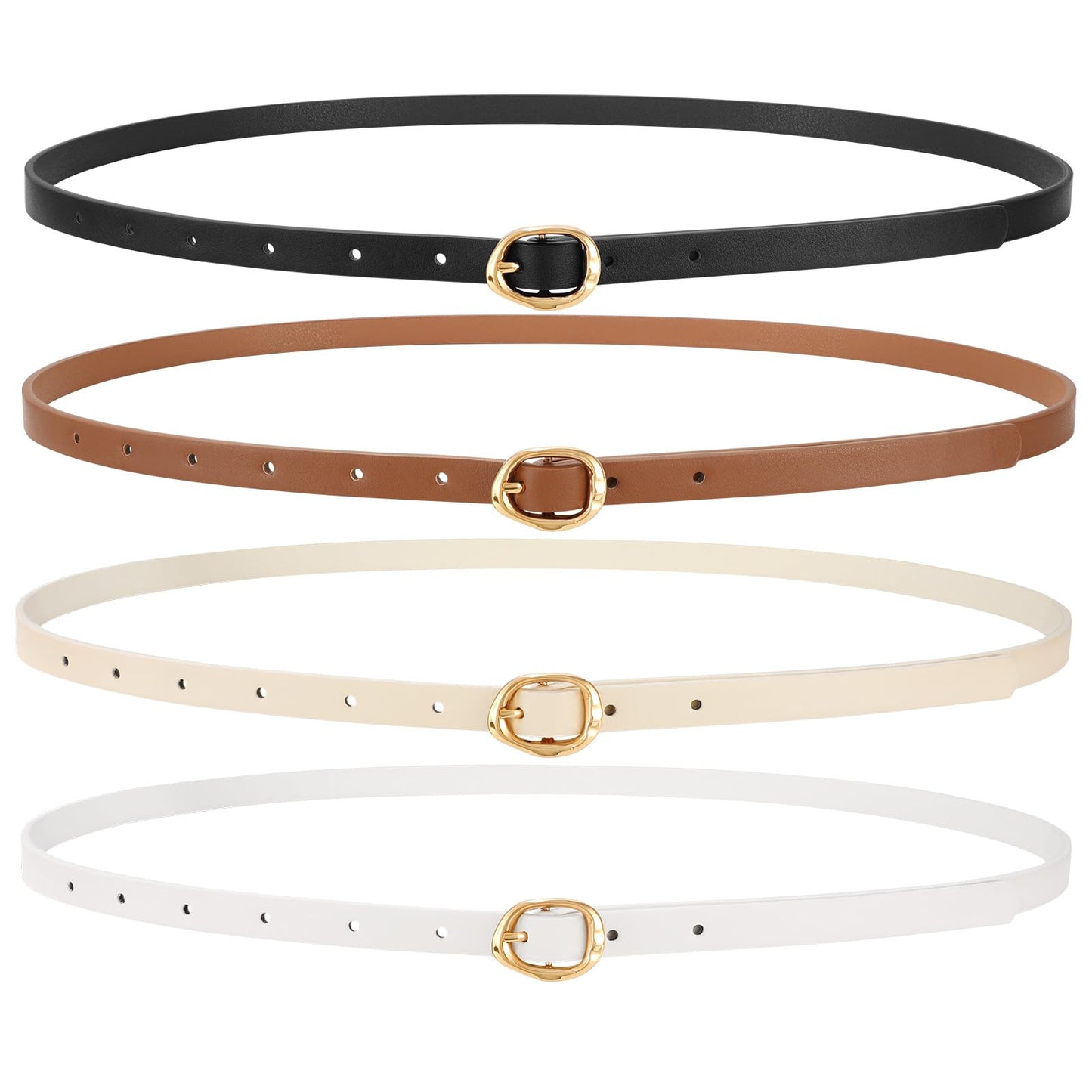 JASGOOD 4 Pack Women Skinny Leather Belts for Jeans Thin Belt for Dresses Ladies Waist Belt with Gold Buckle