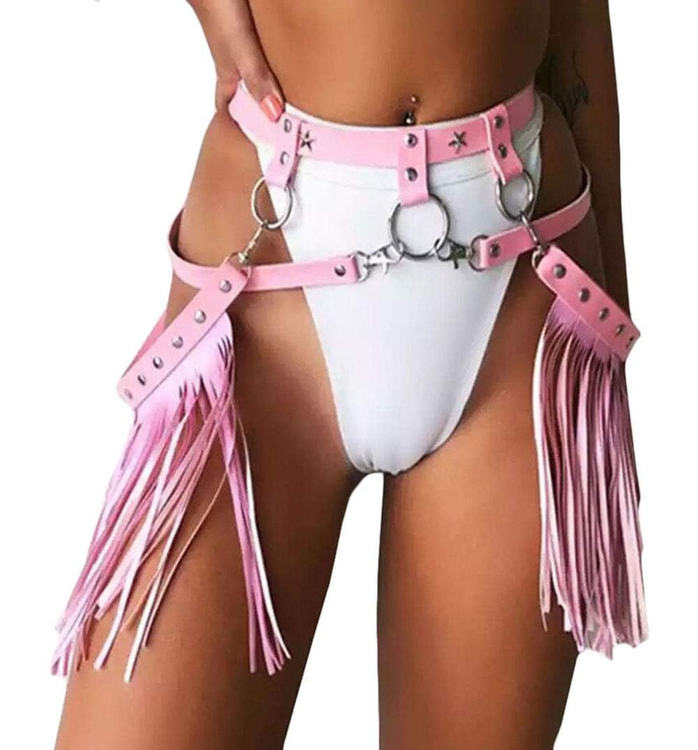 Sexy Leather Waist Belt Tassel Punk Harness Vintage PU Leather Waistband Belt Rocker Dance Performance Costume (Pink)
