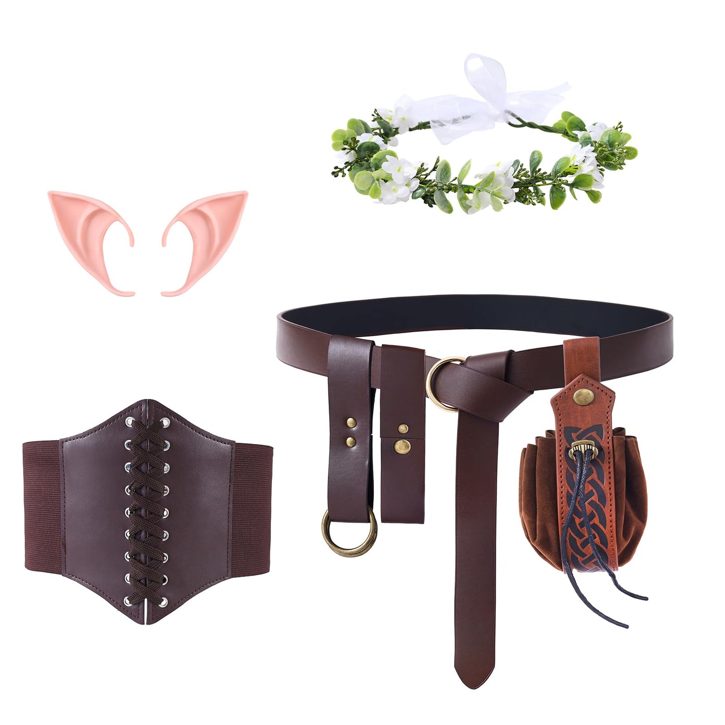 BAROROBA Renaissance Accessories for Women, Medieval Ren Faire Corset Belt Pouch Headpiece Ears Pirate Waist Corset Halloween Viking Cosplay Set
