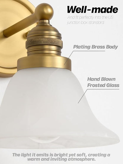 Gold Wall Sconces, Vintage Bathroom Vanity Lights with Frosted Milk Glass Brass Sconces Wall Lighting Indoor Wall Lamps for Living Room Bedroom Kitchen Sink Hallway Stairway E26