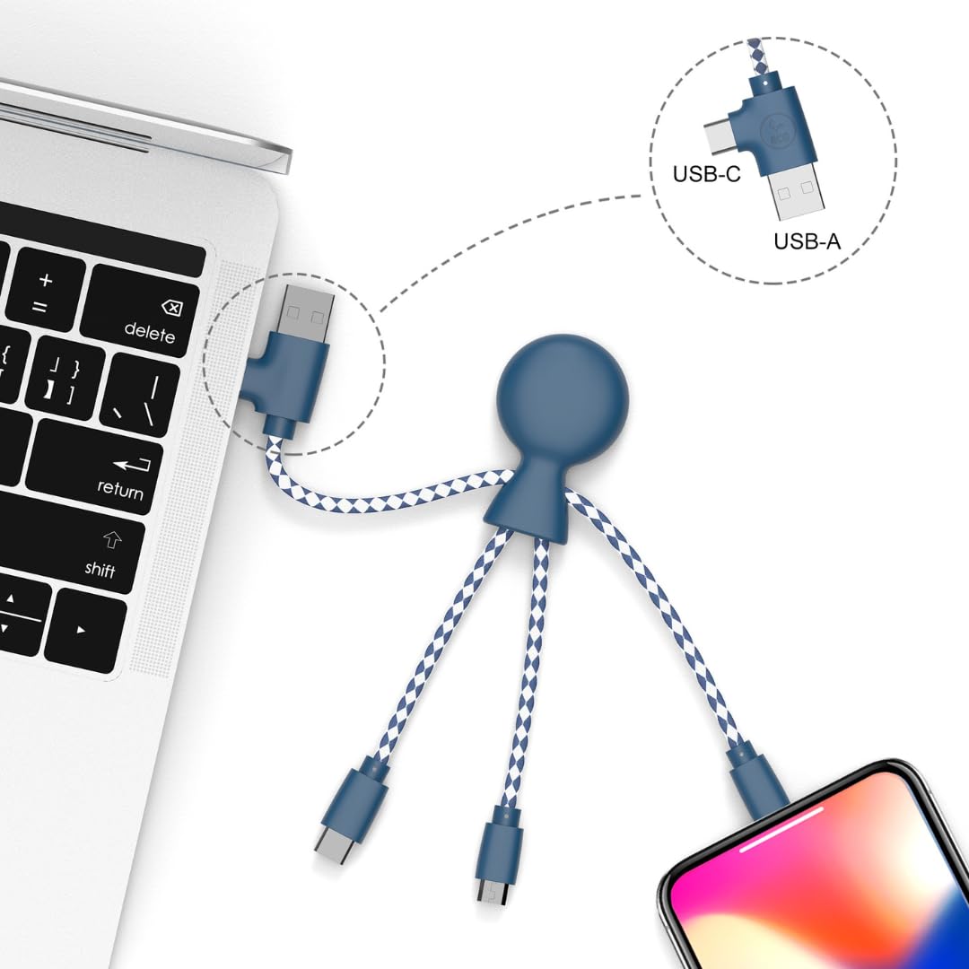 Xoopar Multi USB Cable 4 in 1 - Universal Charger Made from Recycled Plastic - USB, USB-C, Lighting, Micro USB Ports - Compatible with All Smartphones Mr Bio White Octopus