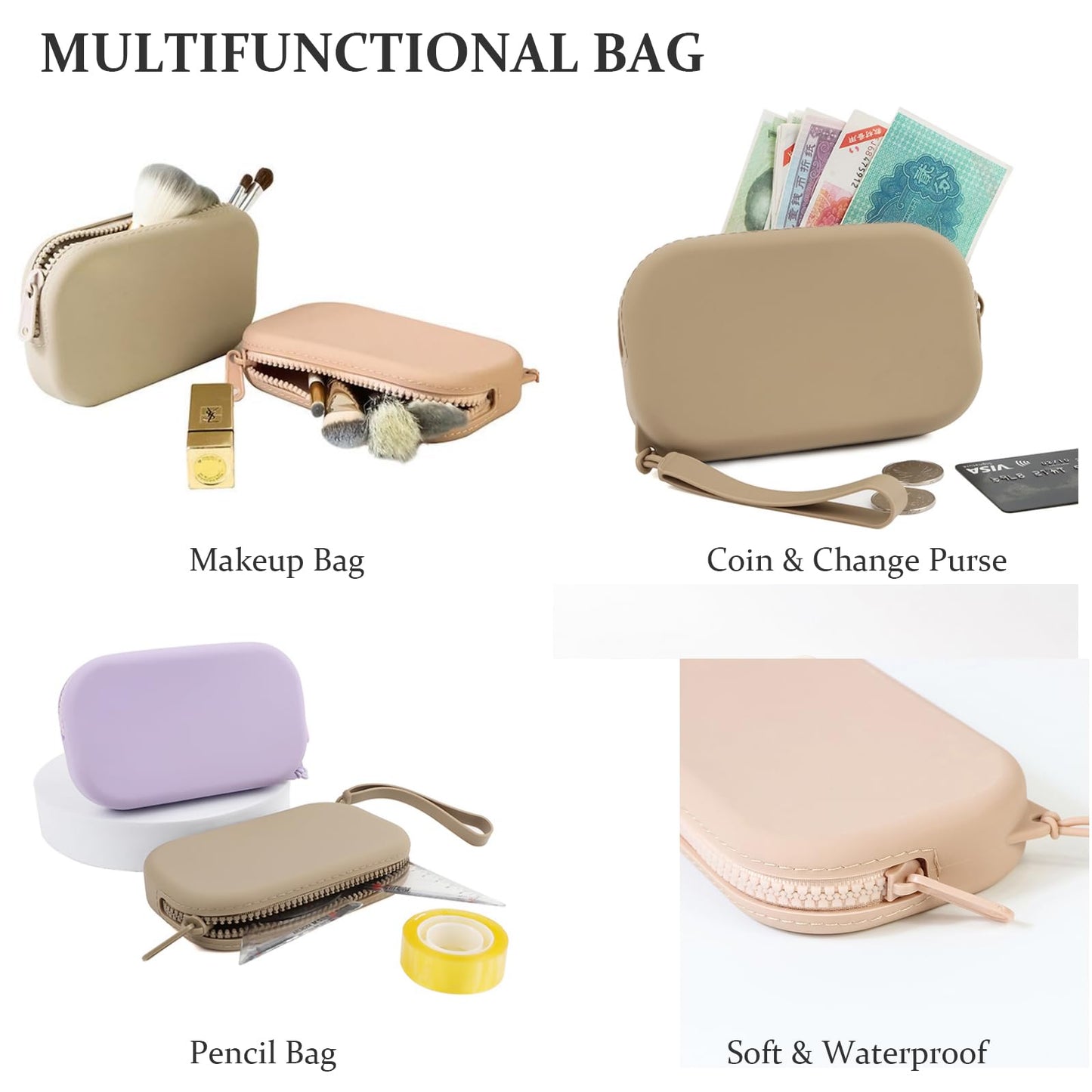 WHHJM Small Silicone Multifunctional Essential Bag Portable Travel Makeup Bag for Women Men Cards Cash Bag Zipper Pouch (Black)