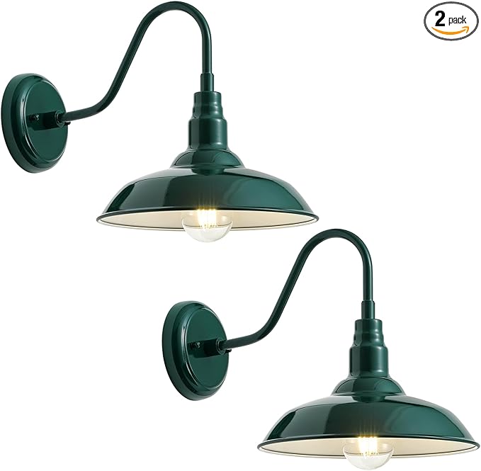 10in Outdoor Gooseneck Barn Light Wall Mount, Green Exterior Farmhouse Porch Lights with White Interior Small Dome Outdoor Patio Gooseneck Wall Sconce Garage Lighting for House, Cabin