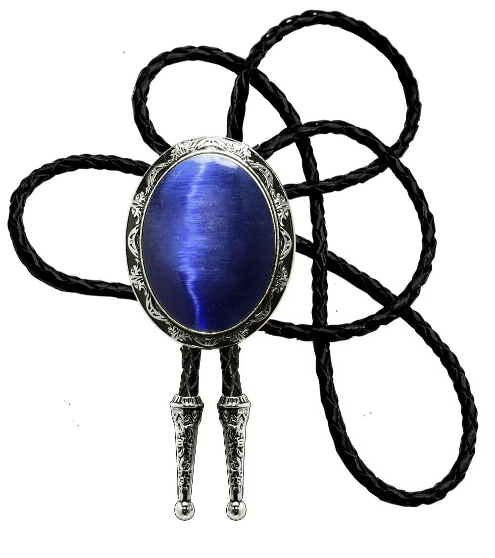 Moranse Bolo Tie with Natural Blue Gem Stone Cowboy Style Genuine Cowhide Rope
