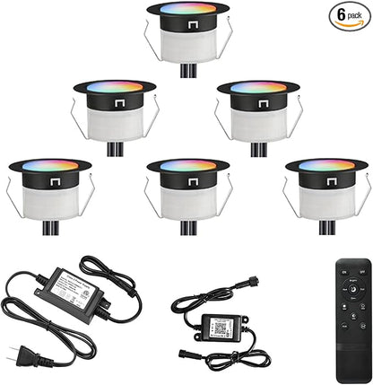 FVTLED LED Deck Lights Kit, 6pcs Φ1.22 WiFi Smart Phone Control Low Voltage Recessed RGBW Deck Lighting Waterproof Outdoor Yard Path Stair Decor, Black