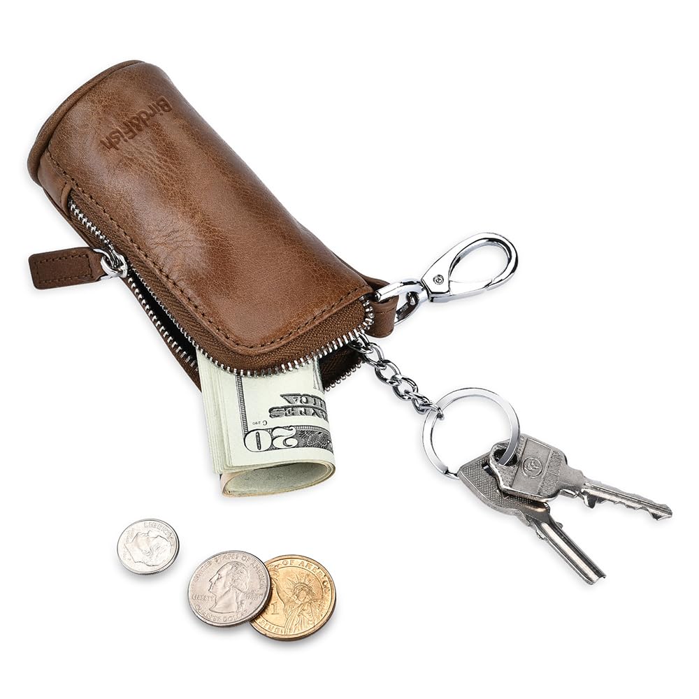 Bird&Fish Keychain Wallet for Women and Men, Genuine Leather Coin Purse with Key Ring, Multi Soft iris wallet, Small Zipper Change Pouch, Mini Key Pouch for Car Keys Accessory(Chestnut Brown)