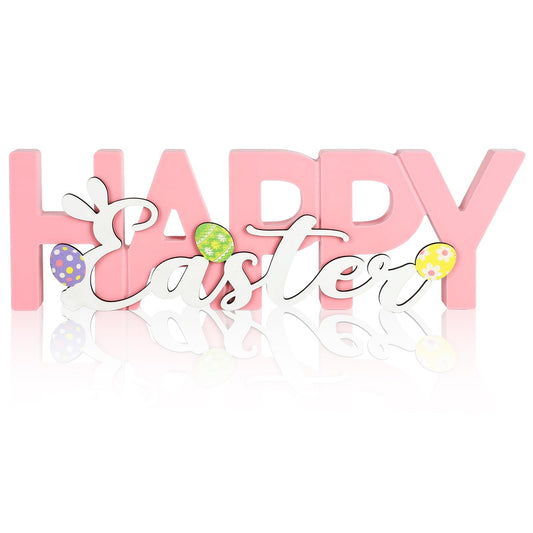 COCHIE Wooden Happy Easter Sign, Spring Decorations for Home, Office, Shelf, Mantel, Indoor, Wood Bunny Ear Egg Decor, Pink Spring Table Top Party Supplies Decoration (Easter)