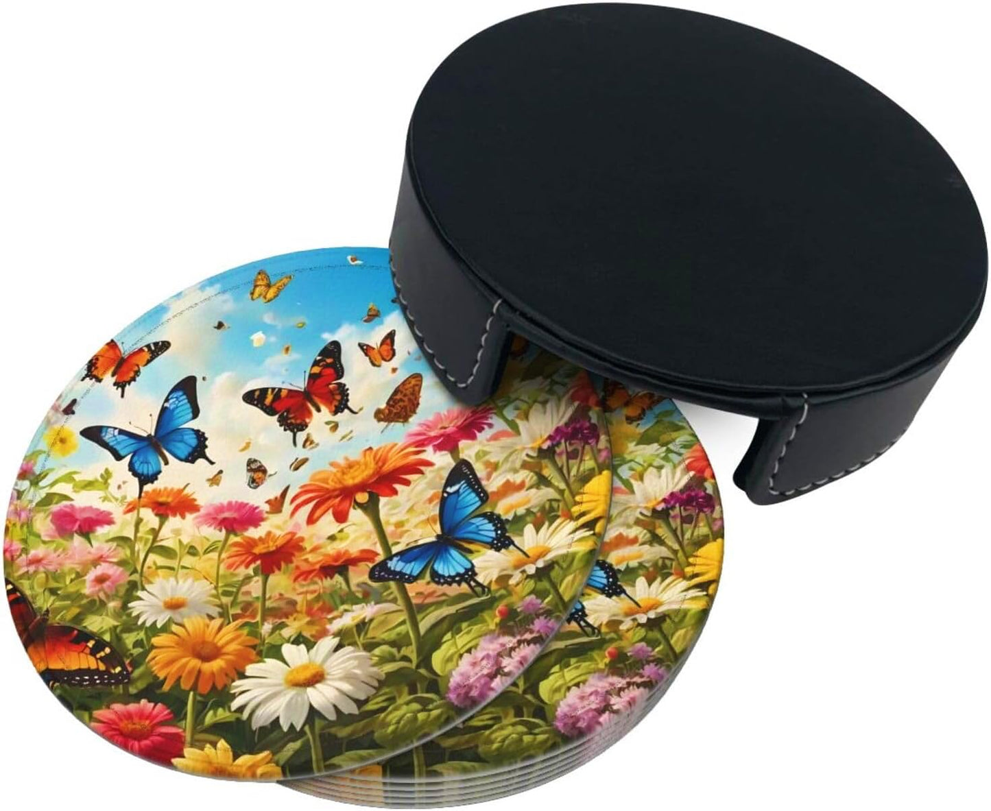 BOXIMIAO Drink Coasters with Holder Stand Set of 6, Bright Flower Butterfly Pu Leather Absorbent Coasters with Cork Base Table Coaster Round Coasters for Housewarming Apartment Kitchen Bar Decor