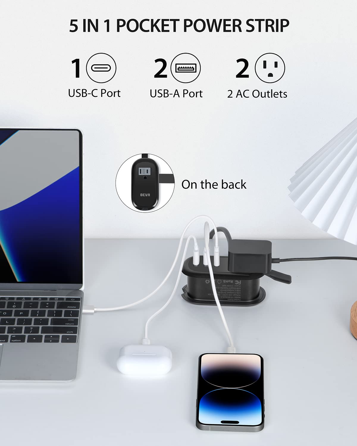 BEVA Travel Power Strip with USB Ports, 4FT Travel Flat Plug Extension Cord, Fast Charge PD 20W 2 Outlets 3 USB Ports, Non Surge Protector for Cruise Ship Travel Essentials(PD20W Charge Black)
