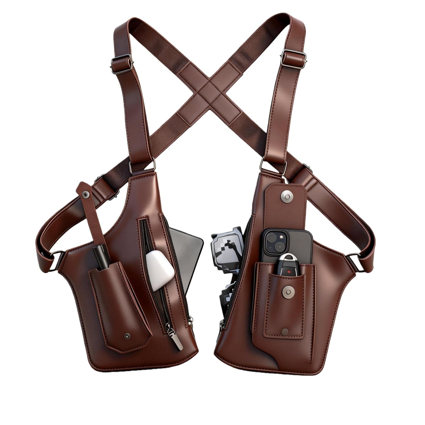 Anti-Theft Shoulder Holster Bag for Men, Double Shoulder Armpit Chest Bag - Premium Leather, Adjustable Straps, Phone Wallet Pocket - Travel, Outdoor - Unisex Underarm Pouch (Brown)