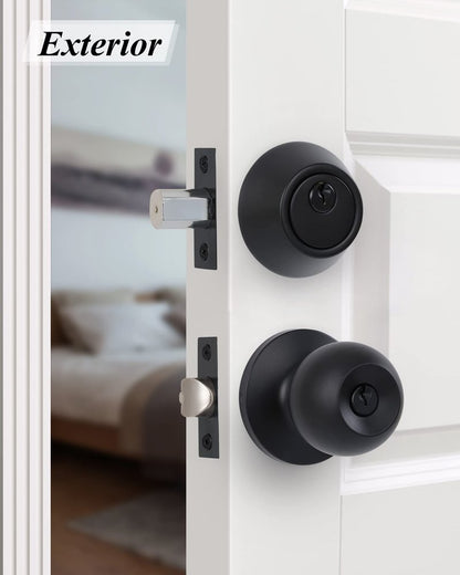 Lanwandeng (2 Sets) All Keyed Same Entry Knobs&Single Cylinder Deadbolt for Exterior Front Doors, Matte Black Finish Entry Door Lock with Same Keys