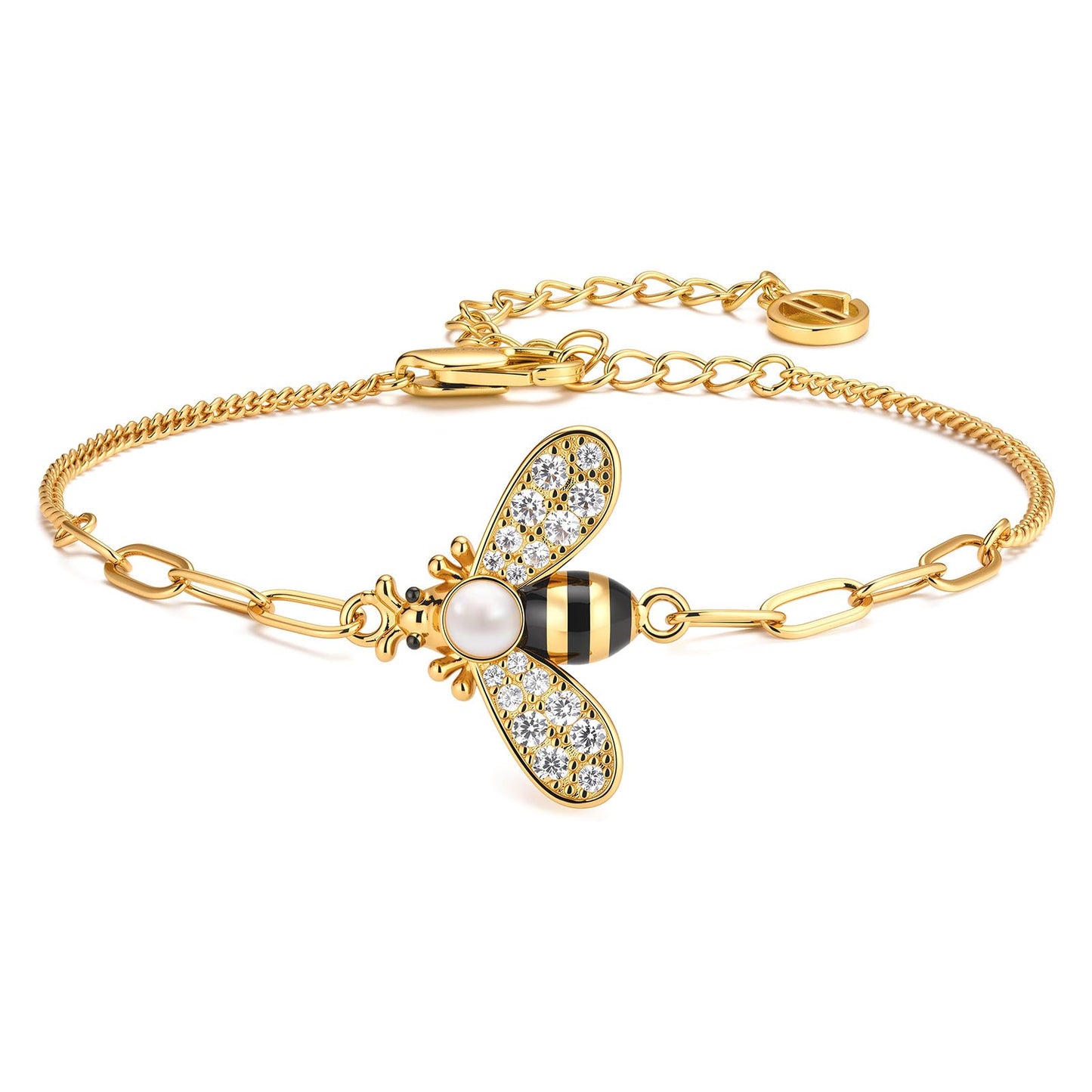 Cicy Bell Bracelets for Women Bumble Bee 18K Gold Plated Bracelets Oval Pearl Cubic Zirconia Figaro Chain Trendy Cute Animal Jewelry Gift