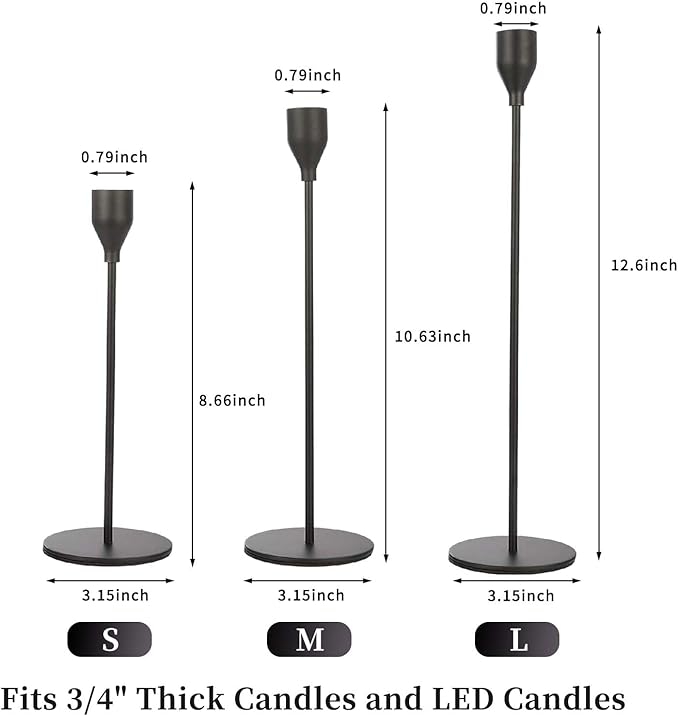 Matte Black Candlestick Holder for Taper Candles, Decorative Candle Holders Bulk Candle Stick Holders, Fits 3/4 inch Candles, Metal Taper Candle Holders for Pillar Candle, Home Decor (Set of 12)