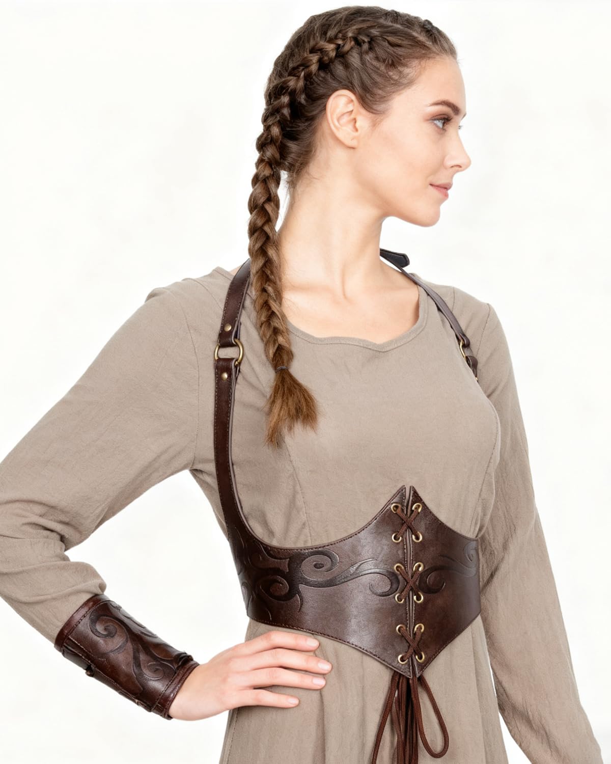 L'VOW Renaissance Leather Corset Belt Viking Waist Cincher Belt Women Halloween LARP Medieval Accessory(Brown,XXL)
