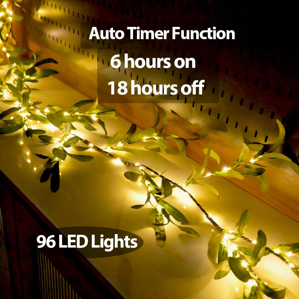 6.56FT Lighted Olive Garland with Lights 96 LED 8 Modes Battery Operated with Timer Artificial Greenery Vine Garland with Lights for Mantel Fireplace Table Wall Patio Wedding Holiday Spring Decoration
