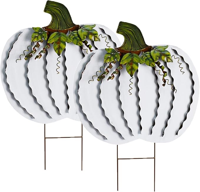 Metal Pumpkin Stakes Yard Signs Fall Decor Decorative Garden Stake Lawn Pumpkins Ornaments Outdoor Autumn Decoration for Harvest Halloween Thanksgiving (26" H White x2)