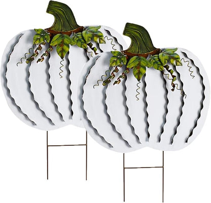 Metal Pumpkin Stakes Yard Signs Fall Decor Decorative Garden Stake Lawn Pumpkins Ornaments Outdoor Autumn Decoration for Harvest Halloween Thanksgiving (26" H White x2)