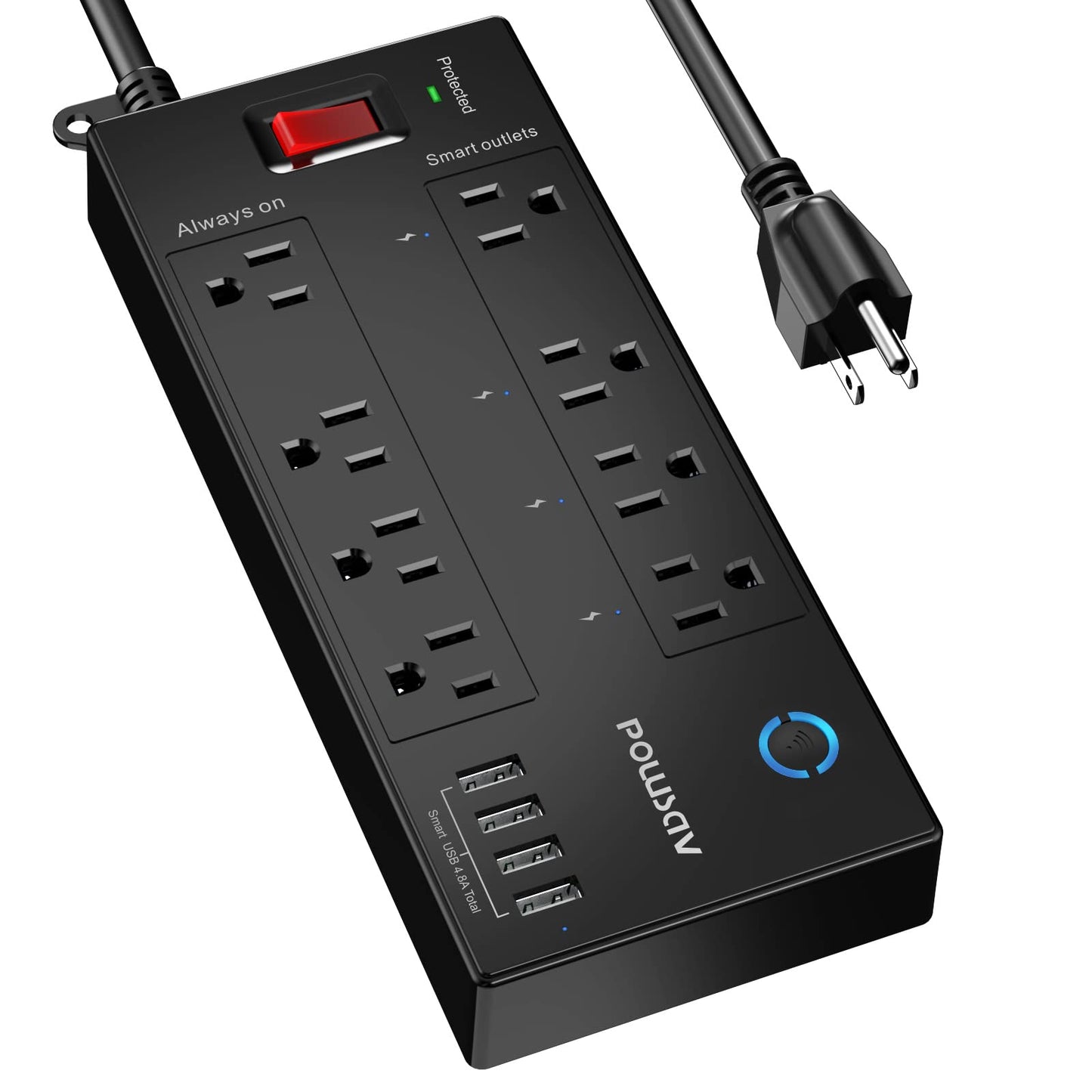 6 Ft WiFi Surge Protector - 8 Outlet Extension Cord with 4 Smart & 4 Always On Outlets, 4 USB Ports, Alexa & Google Home Compatible, Black