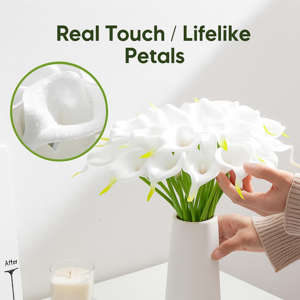 Floral Kingdom 20 Pack Artificial Calla Lily Flowers 14 Inch White - Real Touch Faux Flowers for Home Decor, Table Centerpieces, Entryway Consoles and Weddings