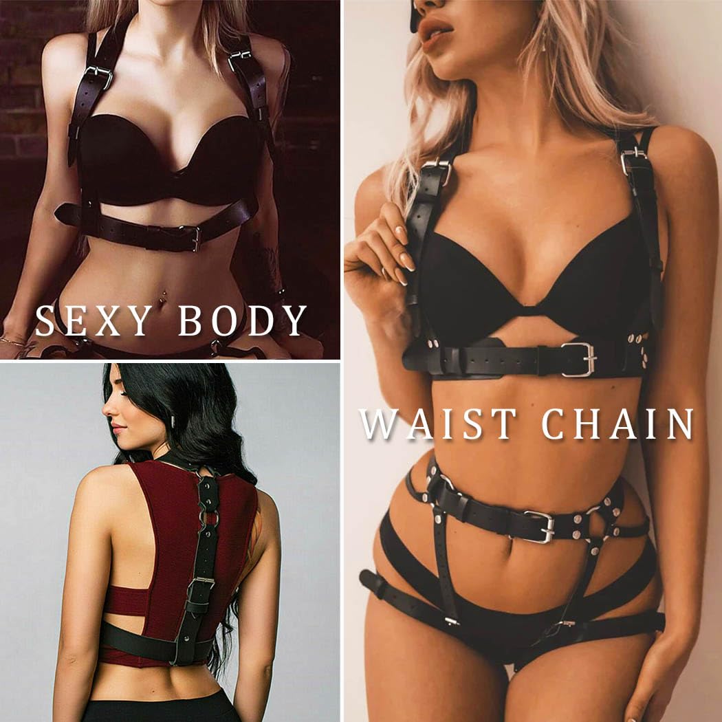 Salliy Harness Belts for Women Leather Harness Strap Belt Goth Black Harness Thick Plus Size Harness Top