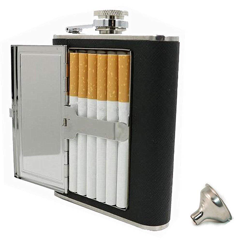 Colorsheng 5 oz PU Leather Wrapped Stainless Steel Flask Liquor Alcohol Bottle Holder with Built-in Cigar Case and Funnel Set for Man Woman