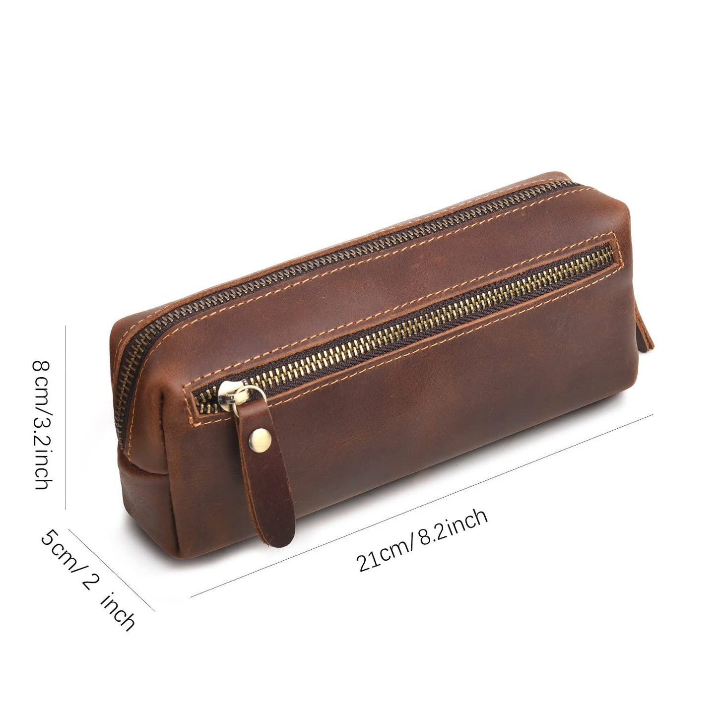 WONDERPOOL Pen Case Real Leather Pencil Pouch Markers Holder Big Capacity Bag with Side Zippered Pocket Sleeve for Stationery Makeup Utensils Organizer (Coffee)