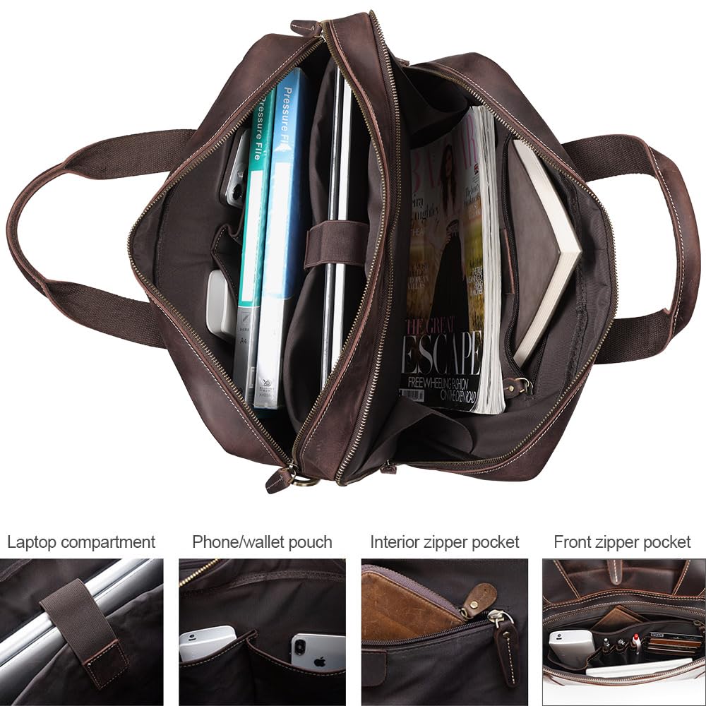TIDING Vintage Genuine Leather Briefcase for Men 17.3 Inch Computer Bag Business Travel Messenger Bag Attache Case
