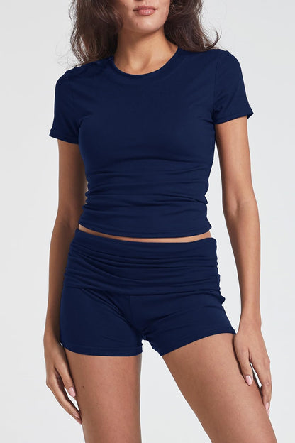 YETOWA Women Y2K 2 Piece Outfits Slim Short Sleeve Low Waist Foldover Shorts Soft Stretchy Tracksuit Streetwear