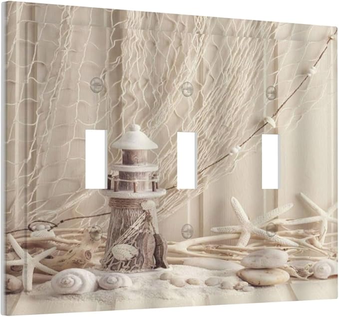 Nautical Coastal 3 Gang Light Switch Covers Seashell Fishing Net Ocean Lighthouse Starfish Triple Toggle Wall Plate Decorative Switchplate Electrical Faceplate Beach Theme Decor