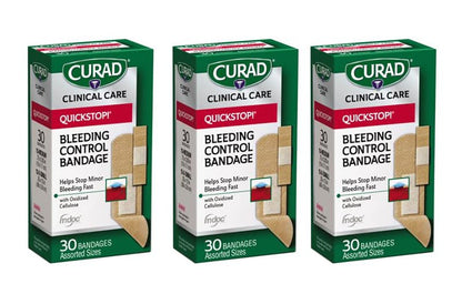 Curad Quickstop Flex-Fabric Bandages, Quickstop Bleeding Control Technology, Assorted Sizes, 30 Count (Pack of 3)