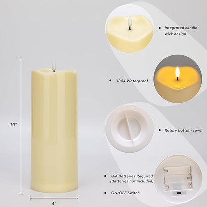 2pack 4"*10" Waterproof Outdoor Flameless Candles with Remote & Timer, Plastic Battery Operated LED Flickering Pillar Candles for Camping, Weddings, Ivory