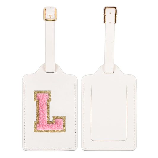 2PCS Personalized Initial Letter Luggage Tags for Suitcases, Suitcase Identifier Name Baggage Tag, Cute PU Leather Travel Luggage Tags,Bag Tags for Men Women Kids Luggage Schoolbags(2 White-Pink L)
