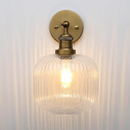 Pathson Modern Wall Sconce Lamp Clear Striped Round Glass, Hardwired Vintage Wall Vanity Light Fixture for Farmhouse Living Room Bedroom Bathroom Loft