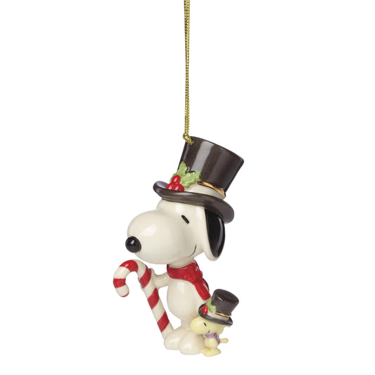 Lenox Ornaments, Snoopy & Woodstock with Candy Cane Ornament, Porcelain Material, Gold Cord for Tree Decoration, Christmas Decorations, Christmas Ornaments, Snoopy Design, Winter Decor (1 Piece)