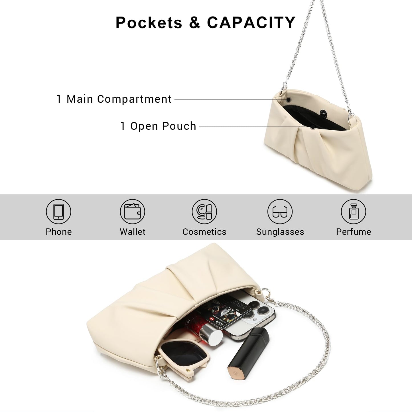 Dasein Elegant Pleated Evening Bag Soft Vegan Leather Clutch Purse Dressy Formal Handbag with 2 Chain Straps for Women (Apricot)