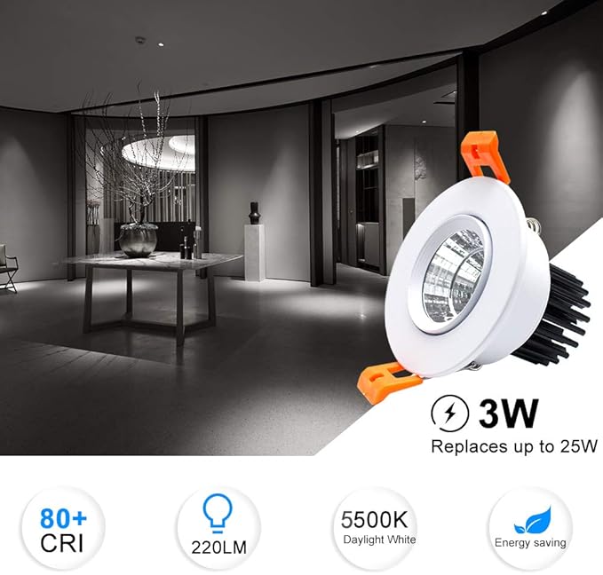 2 Inch LED Downlight, 3W Recessed Lighting COB Dimmable, 5000K Daylight White, CRI80, Ceiling Lights with LED Driver, 1 Pack