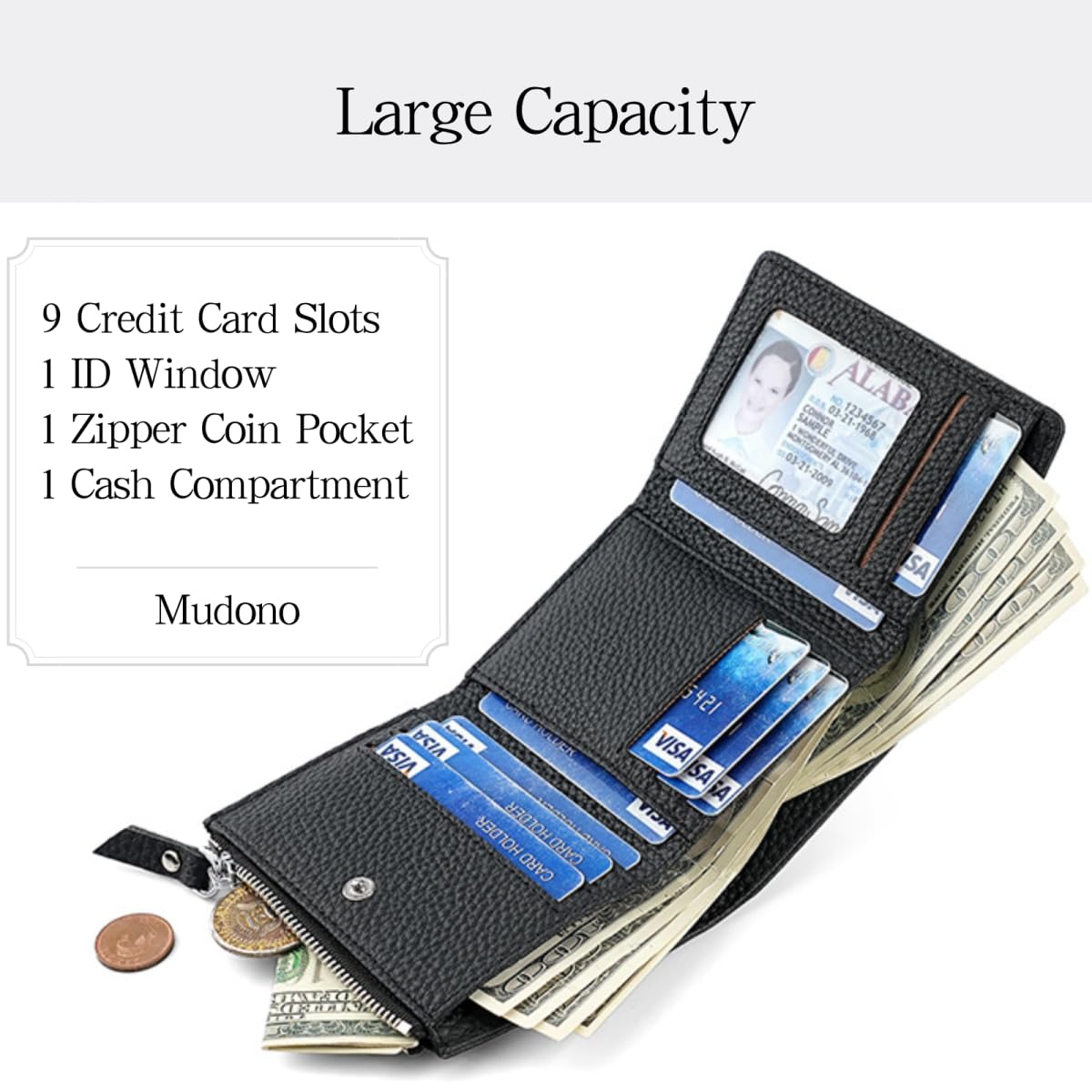 Mudono Women’s Wallet Small Genuine Leather Credit Card Holder RFID Blocking Tri-Fold Wallet With ID Window and Zipper Pocket