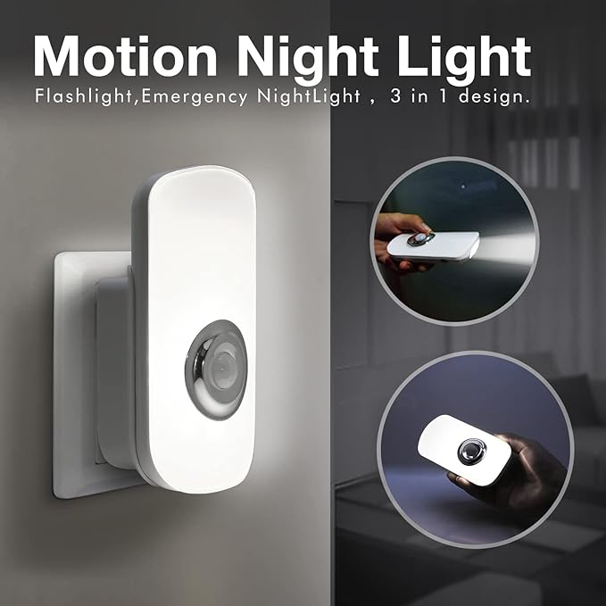 Sensky 3-in-1 Motion Sensor Night Light Plug in, Rechargeable Flashlight, Emergency Light for Bedroom, Bathroom, Living Room, Stairways, Hallways - Cool White