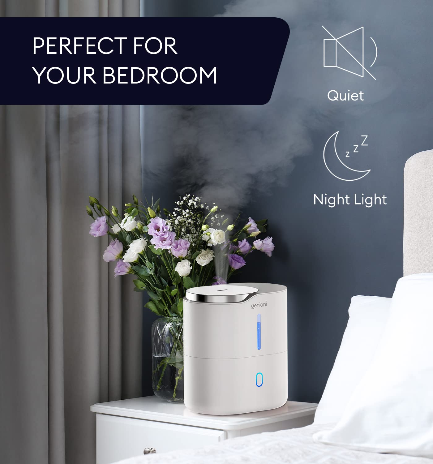 GENIANI Ultrasonic Cool Mist Humidifier for Bedroom, Large Rooms, Home, 4L - Easy Fill & Clean Humidifier for Plants w/Auto Shut-off, 40H Runtime - Quiet, Top Fill Air Humidifier