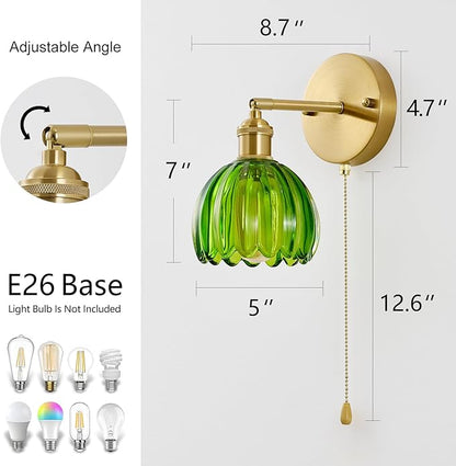 Vintage Wall Sconce 1 Pack, Green Glass Shade Gold Wall Lamp with 12 Inch Cable Switch, Modern Bathroom Wall Sconces for Bedroom Corner Hallway