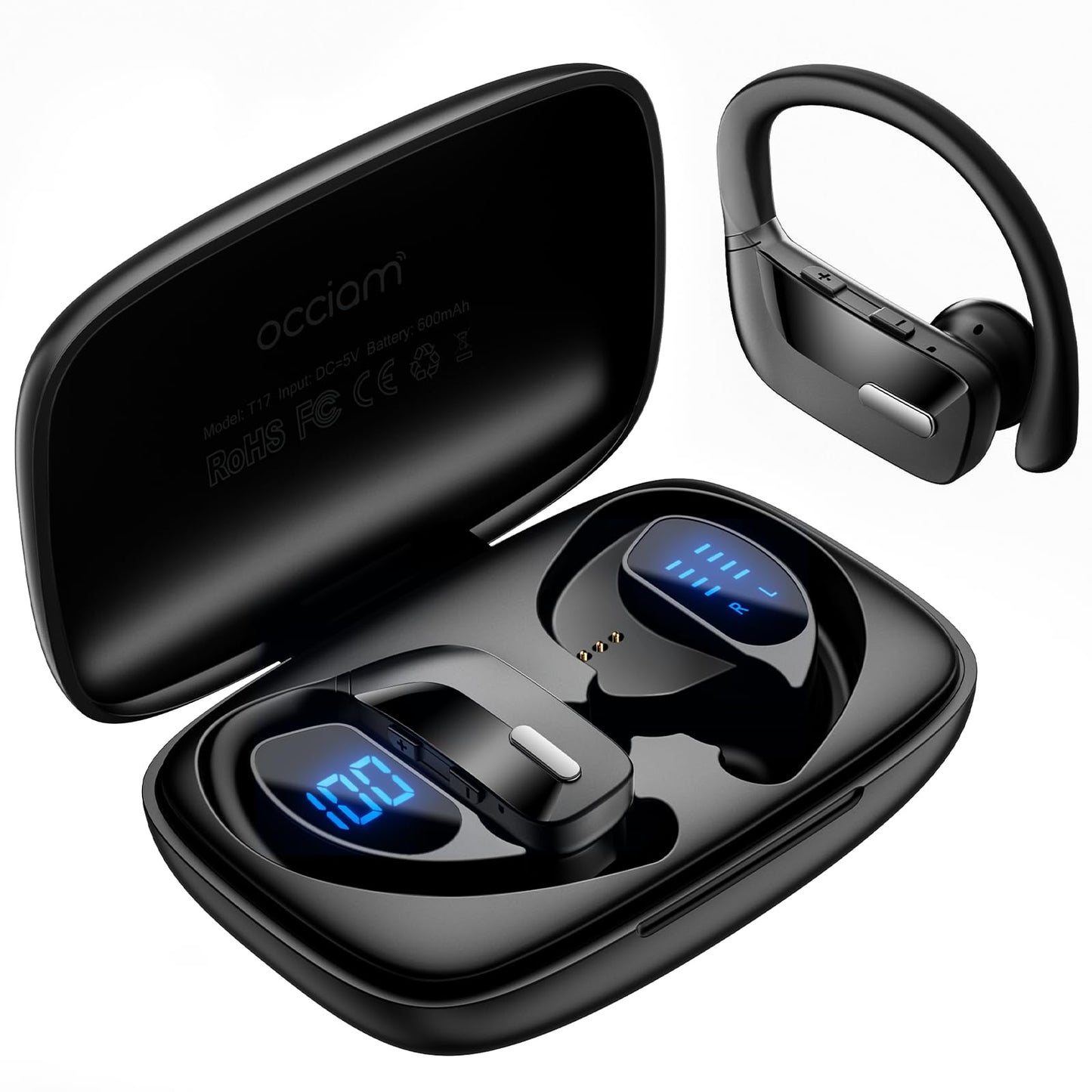 occiam Sport Wireless Earbuds Bluetooth Headphones 80hrs Playtime Deep Bass Ear Buds with Earhook Noise Cancelling Mic Waterproof Earphones for Workout Running Black