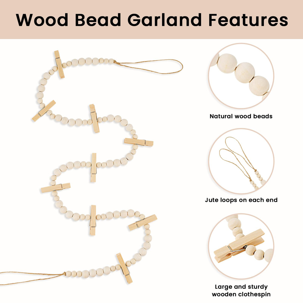 KLOGTSIND Hanging Photo Display Wall Decor, 2PCS Boho Wooden Bead Garland Collage Picture Frame with 9 Wood Clips for Bedroom, Living Room, Office, Dorm Decor, Photos Holder Teen Girl Gifts