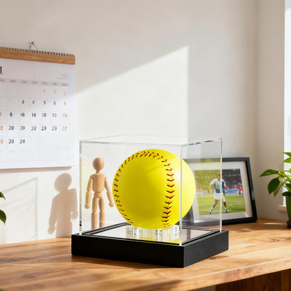 Softball Display Case with LED Light and Solid Wood Base, UV Protected Acrylic Display Box for Memorabilia, Signed Balls Showcase, No Assembly Required